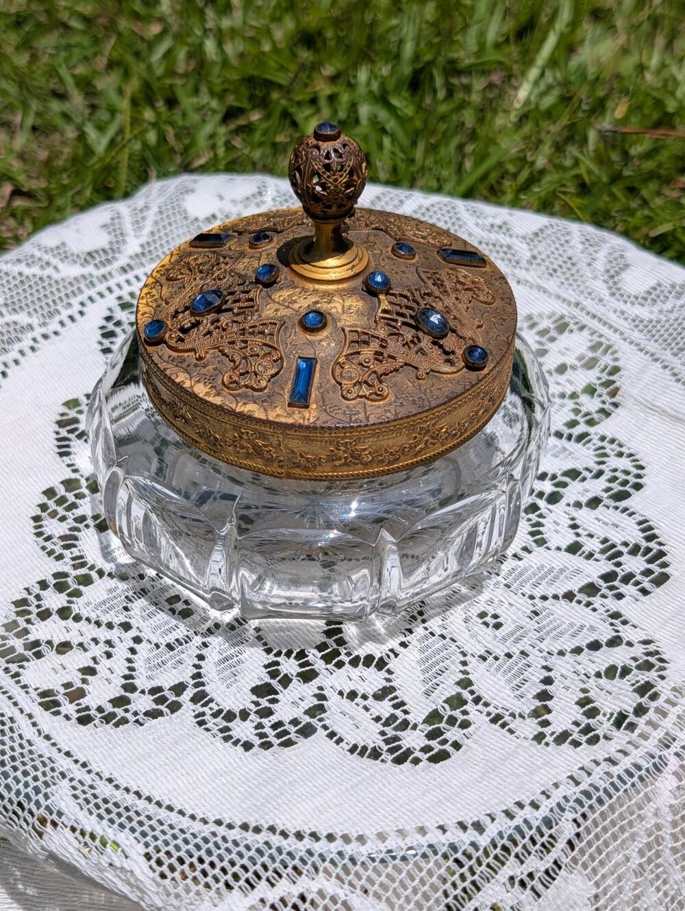 E&JB Empire Art Gold Cut Glass Powder Jar Jeweled Blue Stones 1920s Trinket Rare